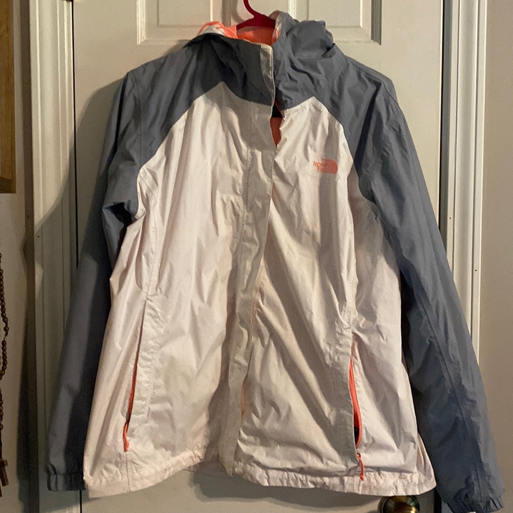 The North Face XL womens rain jacket. White, gray, and coral.
